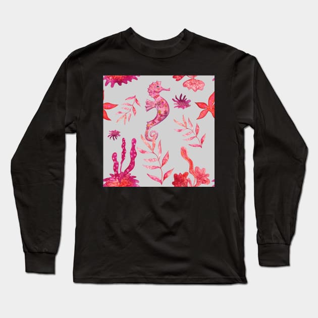 Red Seahorses and Algae (on light gray background) Long Sleeve T-Shirt by andreeadumez